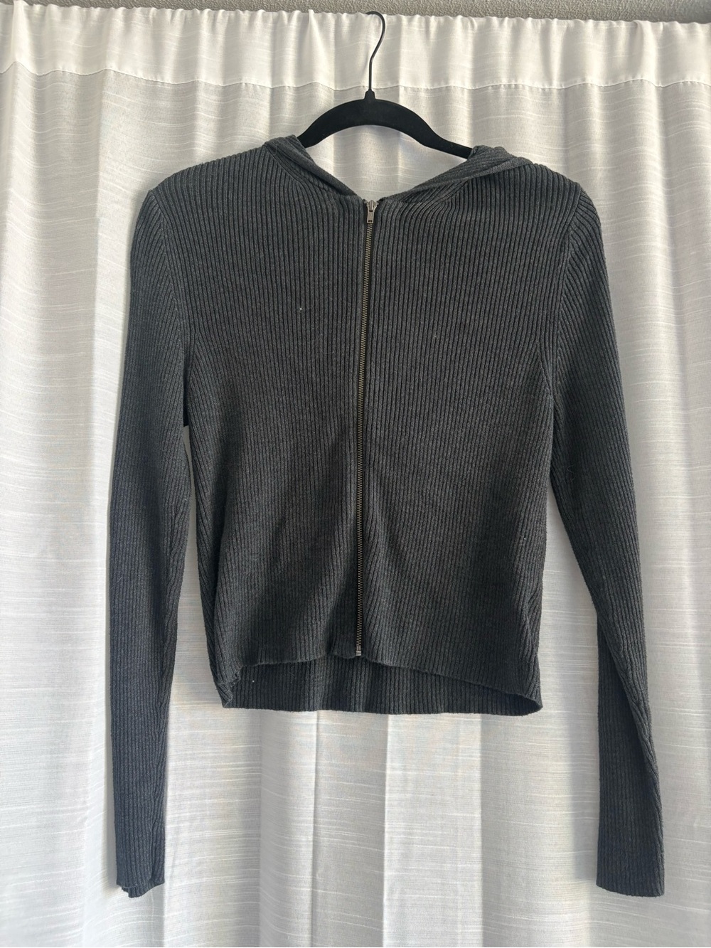 American Eagle Slim Ribbed Black Zip-Front Hooded Top